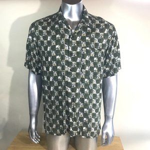 Utility Vintage Medium Checkered Palm Tree Green Beige Button Front Shirt